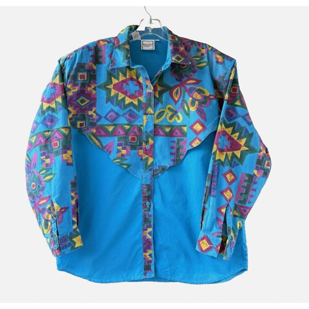 Western Plains Trading Co Women"s Aztec Blue Long Sleeve Button Up Shirt Sz M